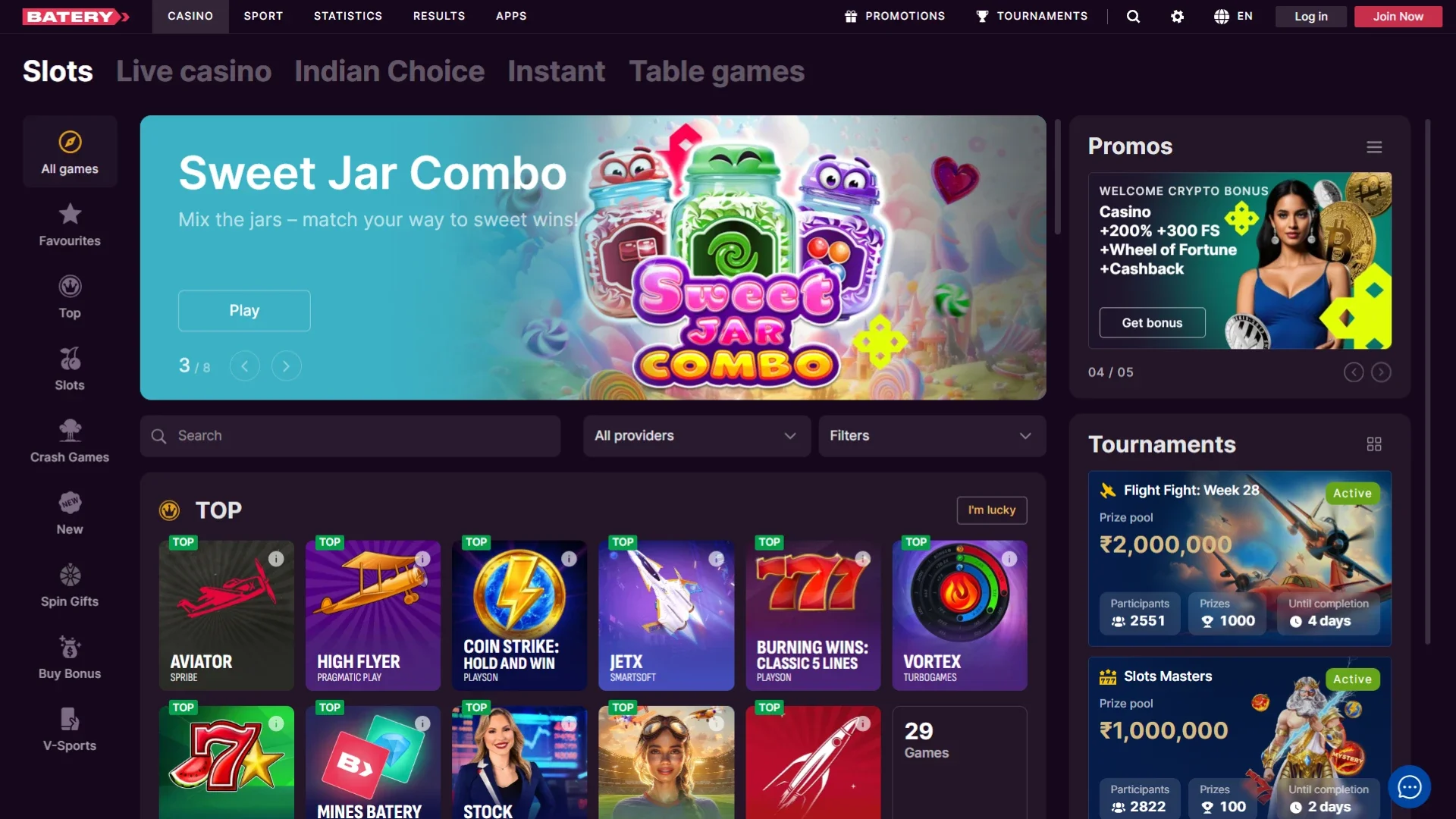 Choose your favorite casino game to play at the official Batery website.