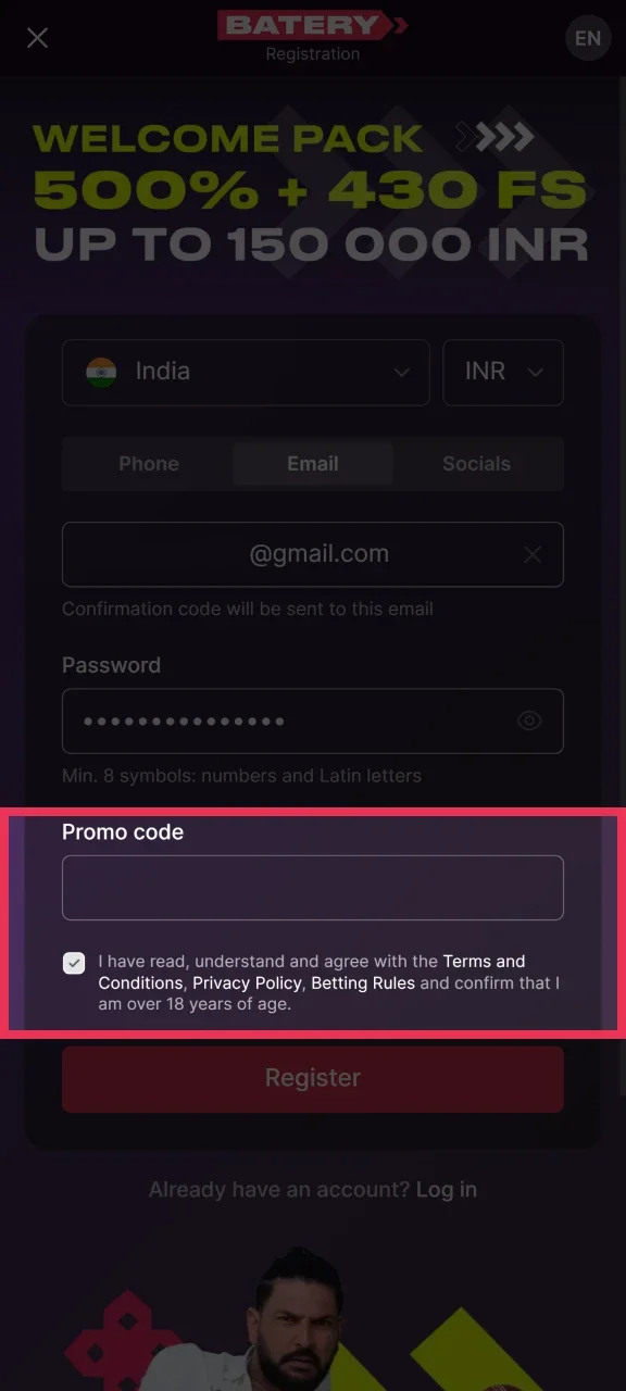 Enter the Batery promo code in the special field if you have it.