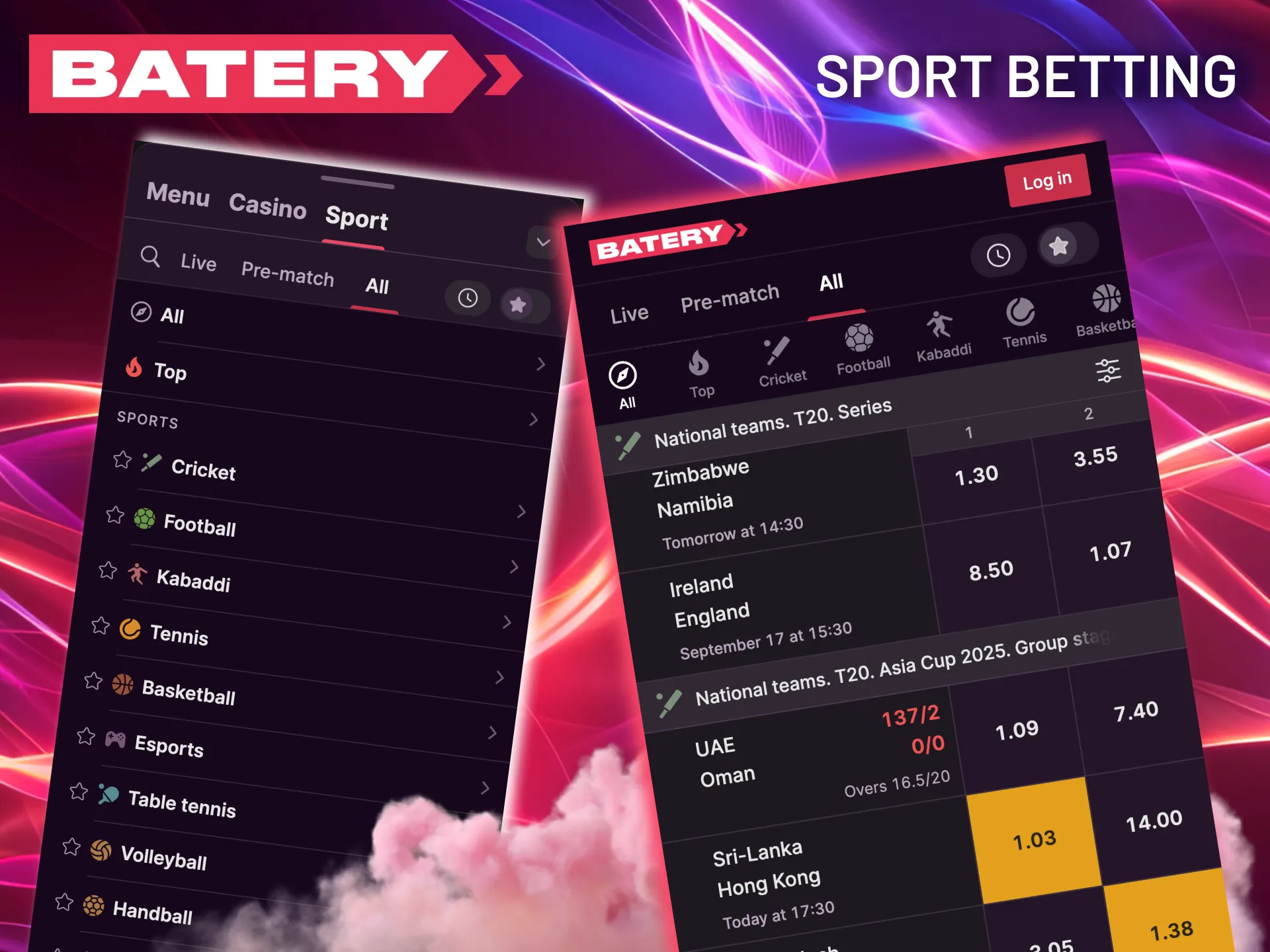 Enjoy pre-match and live betting across major sports at Batery app.