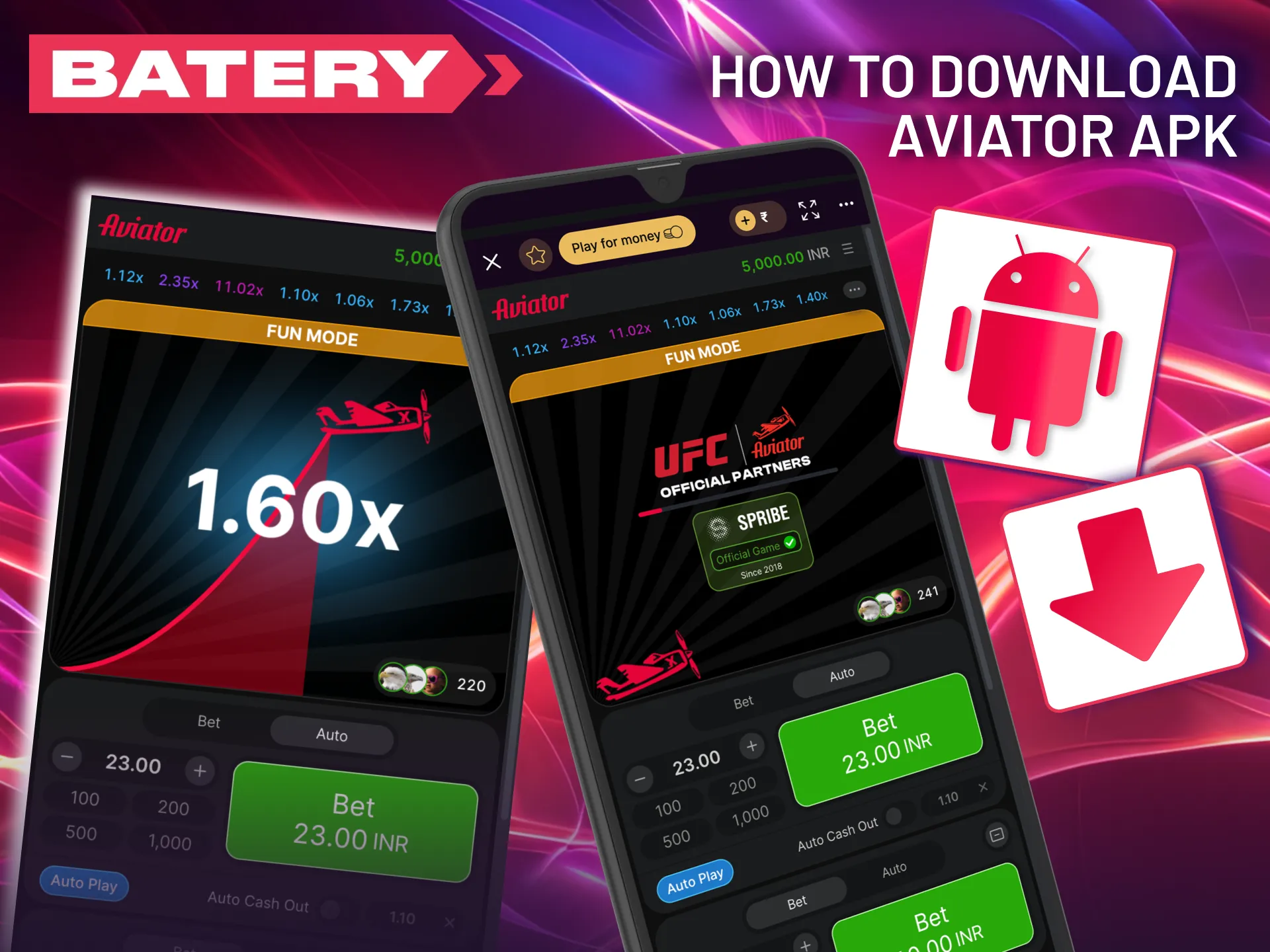 Download the Aviator APK from the Batery website and install it on Android.