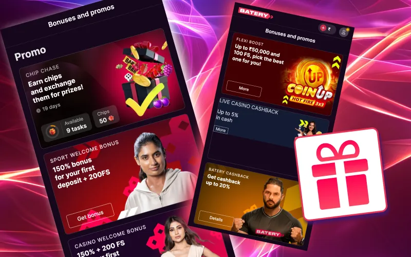 Claim generous bonuses and spins when you join Batery app.