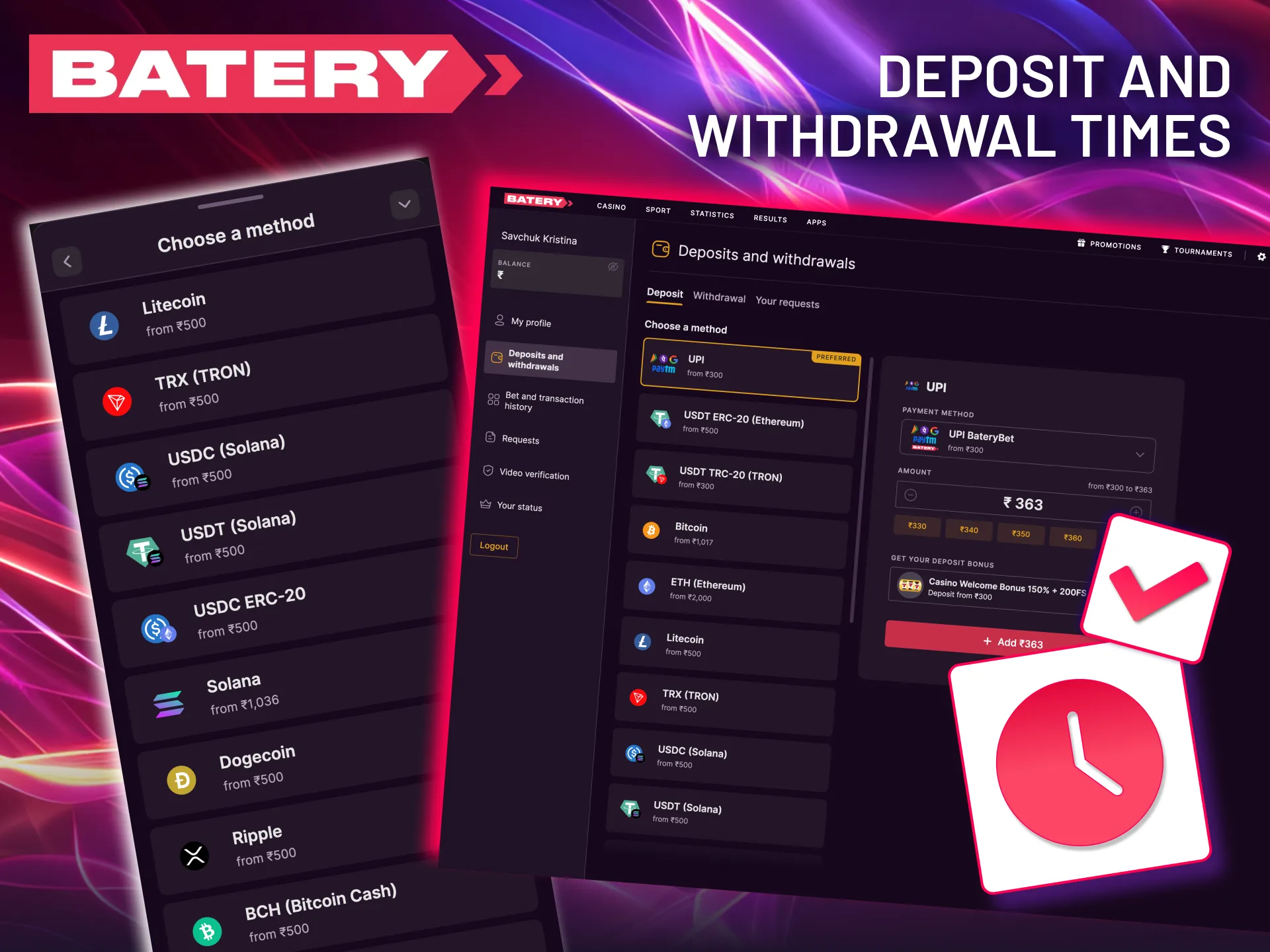 Batery withdrawal speed depends on method, amount, and account status.