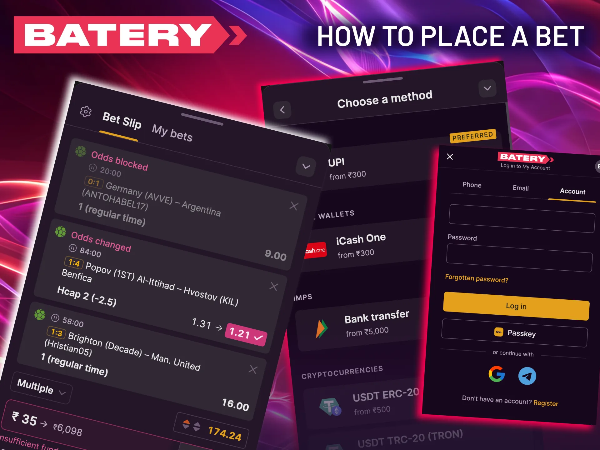 Batery guide join now and create account for football bets.