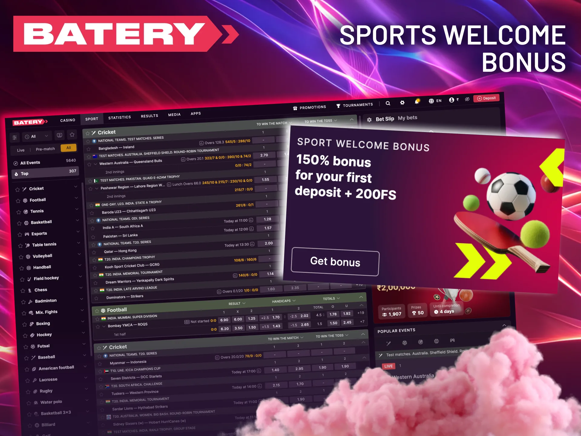 Bet on sports with Batery bonus offer.