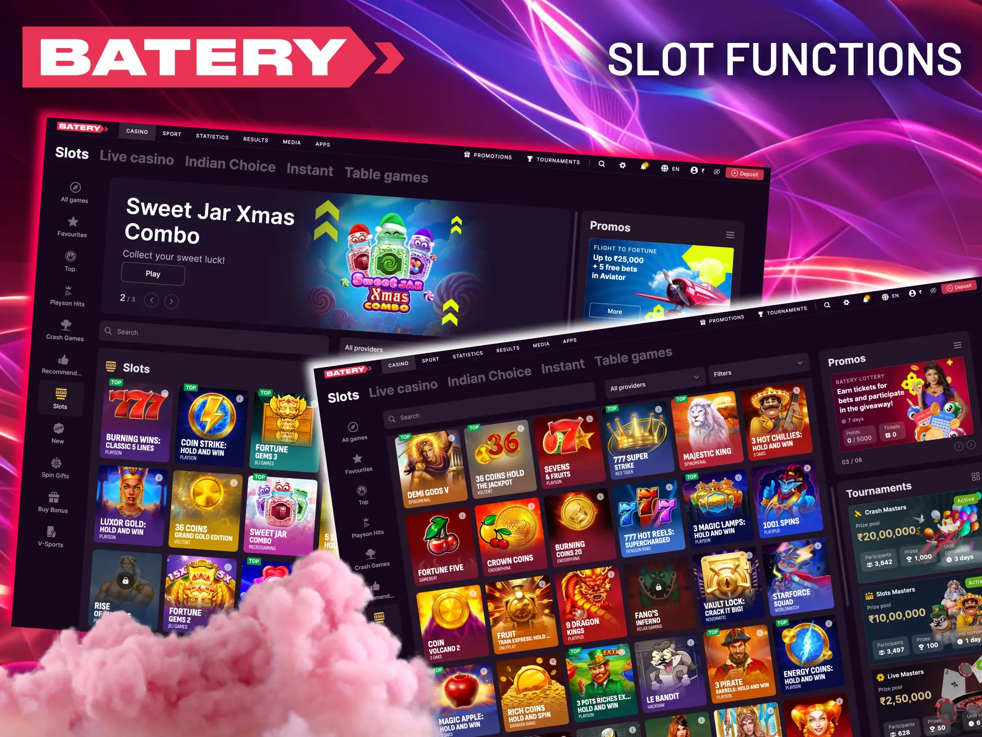 Batery slot functions include bonus rounds and free spins.