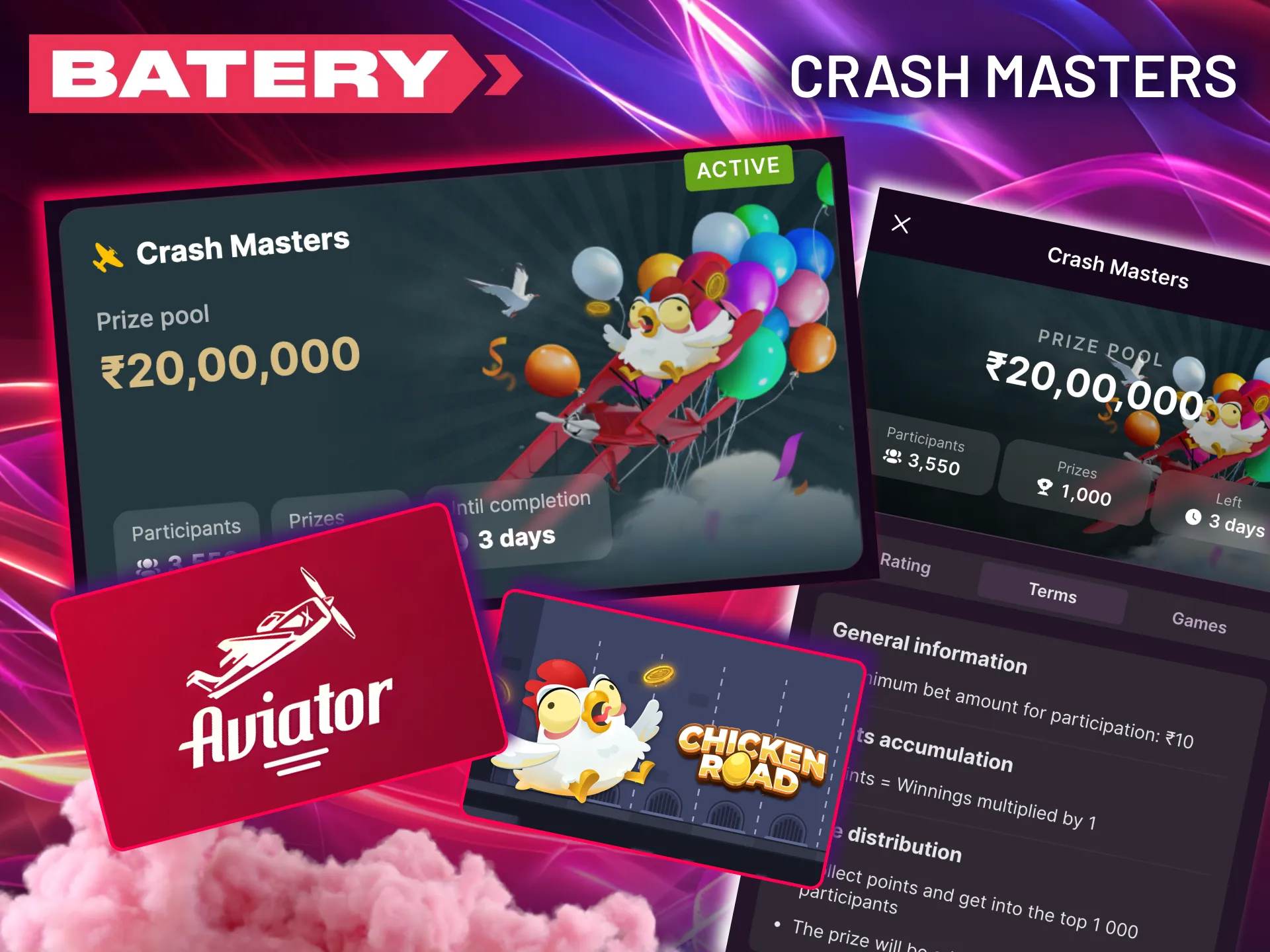 Batery Crash Masters competition with favorite games.