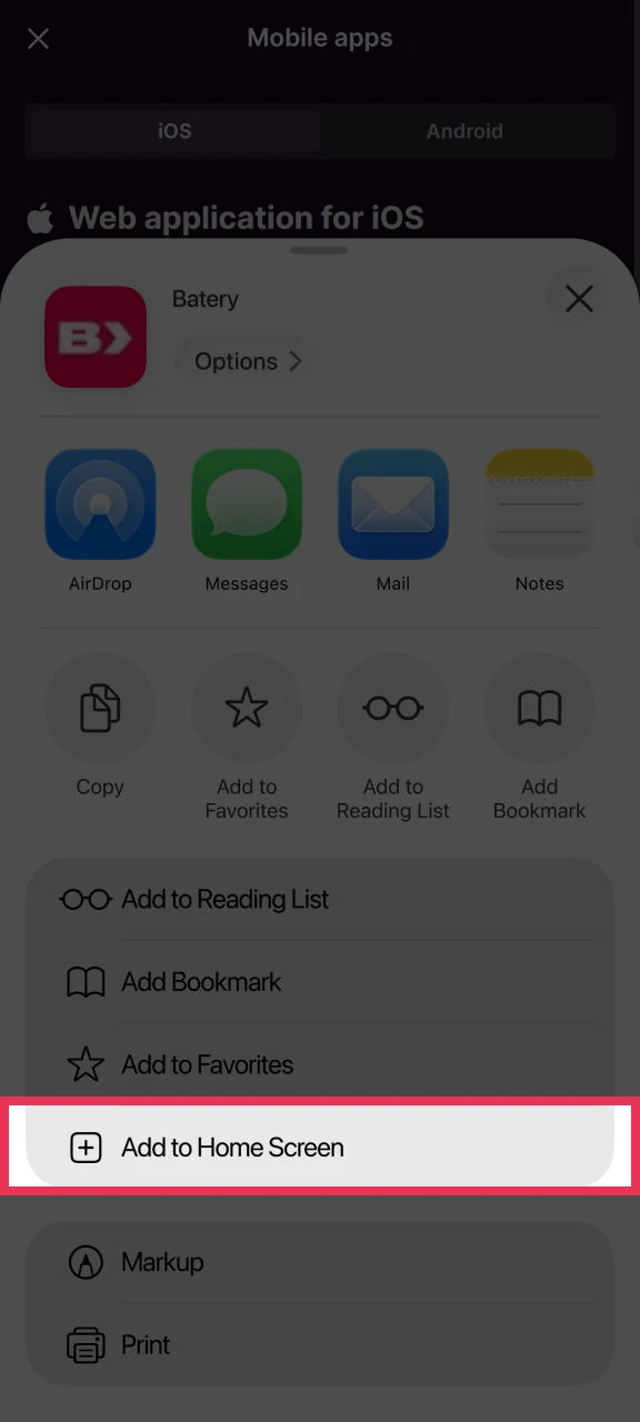 Tap the Add to Home Screen option to add the Batery shortcut.